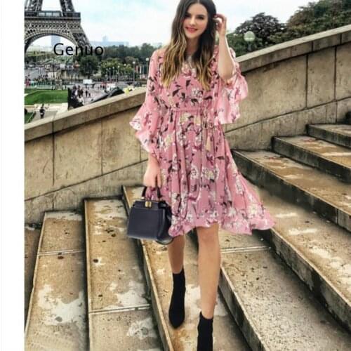 Chiffon High Elastic Waist Party Dress Bow A-Line Women Butterfly Sleeve Flower Print Floral Boho Dress Female Vestido Plus Size