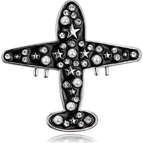 Cute Airplane Brooch Black Enamel Pin Metal Pearl Brooches Pins Aircraft Model Jewelry Suit Clothes Clips Gift