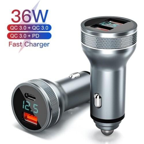 36W Universal Car Charger Digital Display QC3.0 PD Fast Charging Car Lighter Charger Adapter Dual USB Car Charger Adapter