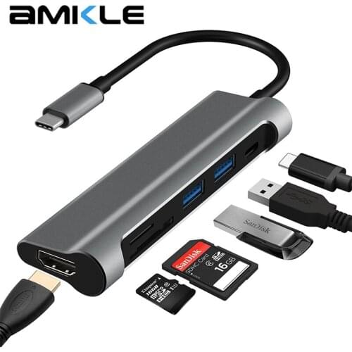 Amkle USB C HUB USB C 3.1 to HDMI SD/TF Card Reader USB Type C Charging Port 2 USB 3.0 HUB Adapter for MacBook Pro Type C HUB