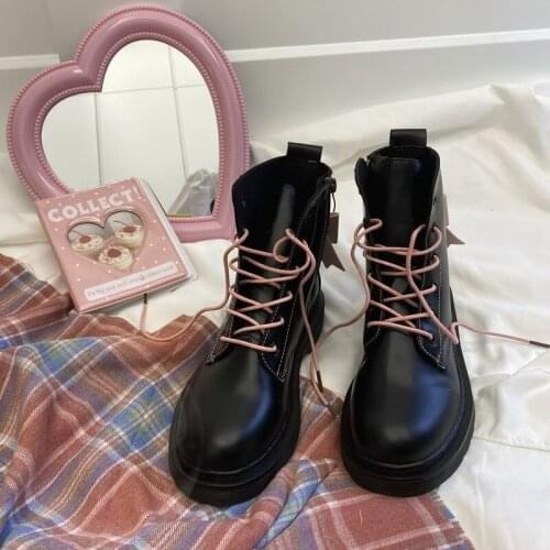 Japanese Bowknot Round Head Martin Boots Middle Heel Female Students British Style New Thick-bottom Single Boots Cosplay Loli