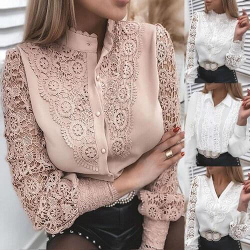 Women Shirt Solid Color Lace Patchwork Spring Summer Single-breasted Stand Collar Office Lady Blouse for Dating