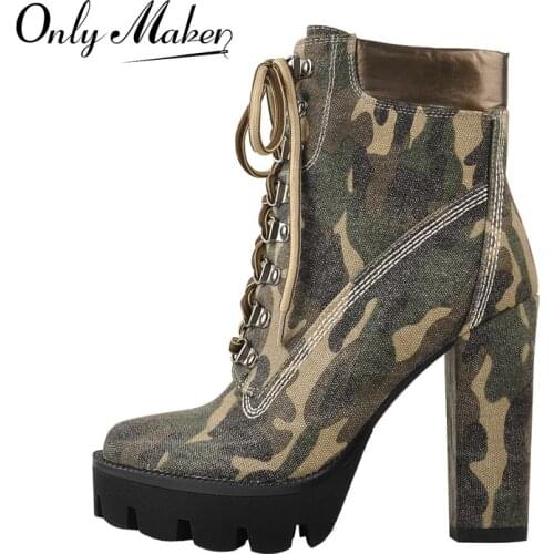 Onlymaker Winter Womens Chunky High Heel Ankle Booties Canvas Lace-Up Platform Camouflage Short Plush 2021 Fashion Big Size