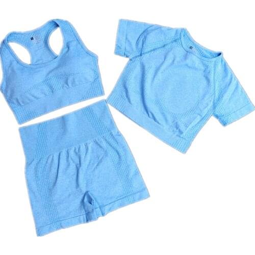 3Pcs Suits Seamless Yoga Set Women Gym Workout Clothes Sports Bra+Short Sleeve Fitness Crop Top+High Waist Legging Shorts