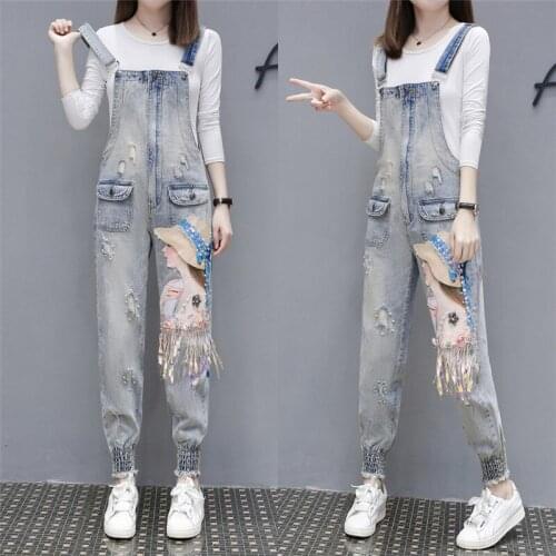 Girl Washed Denim Bodysuit Ladies Casual Cartoon Sequins Jeans Hole Rompers Womens Jumpsuit Overalls Hallen Denim Jumpsuits Y342
