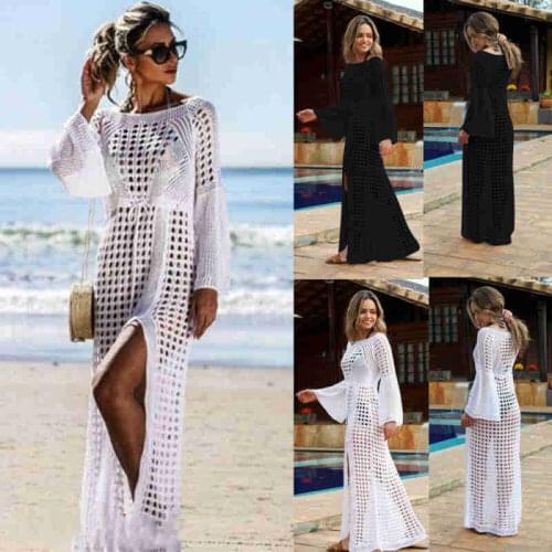 2019 Women Hollow Knitted Beach Long Sleeve Bikini Summer Hot Female Ladies Lace Cover Up Maxi Holiday Dress