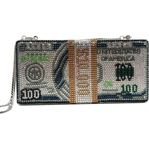 18.5x9CM Hand-made Diamond-encrusted Dinner Bag A Bundle Of US Dollars And Gold Dollars Women Dollar Clutch a6770