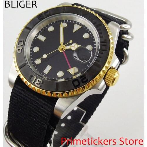 40mm bliger black sterile dial date sapphire glass GMT automatic movment mens watch nylon strap
