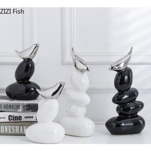 Abstract Silver Bird Statue Desk Decor Ornaments Living Room Decoration Ceramic Birds Figurines Animal Porcelain Sculpture