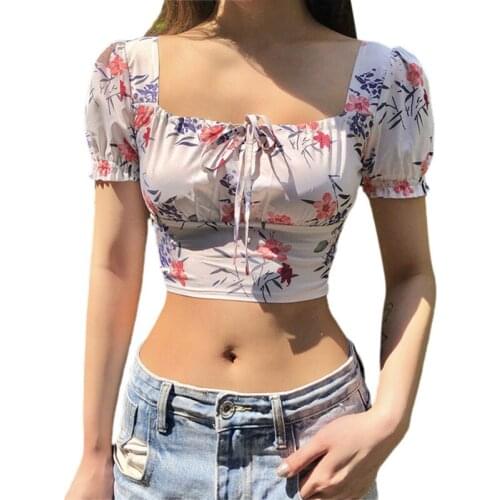 France Style Floral Short Blouse Shirts Women Summer Puff Sleeve Slash Neck Vintage Crop Tops Casual Tops Blouses blusas mujer
