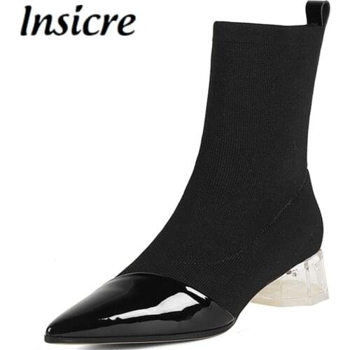 Insicre Elegant Fashion Concise Women Ankle Boots Knitting Genuine Leather Thick Heels Office Lady Autumn Party Dress Shoes