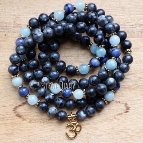 WMB36725 108 Mala Bracelet Yoga Necklace Wrist Spiritual Jewelry Buddhist Prayer Bead Larvikite Aquamarine Blue Aventurine Om