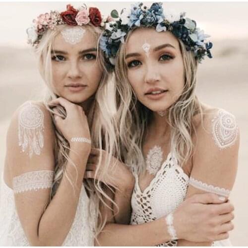 Indian Designs Lace Tattoo Sticker White Lace Necklace Flower Temporary Tattoo Sticker Body Art Paint Waterproof For Wedding