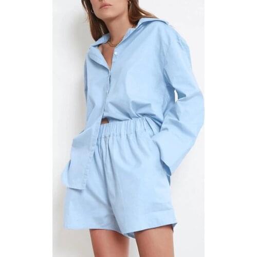 Cotton Casual Suits Women Long Sleeve Sets Blue Home Wear Solid Shirt Tops And White Shorts Two Piece Sets Women Summer Clothing