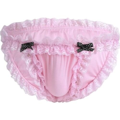 Tiaobug Men Shiny Satin Soft Frilly Ruffle Lace Open Crotch Sissy Panties Lingerie Crotchless Briefs Male Hot Sexy Gay Underwear