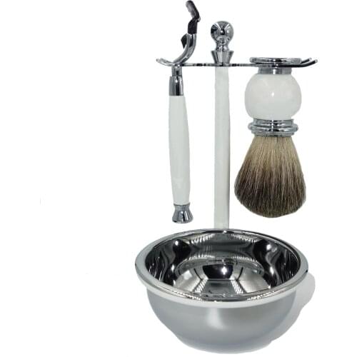 WLONG Men Shaving Brush Set Pure Badger Hair White Ceramic Finish Handles and Kit Holder Soap Bowl Safety Razor SetSet