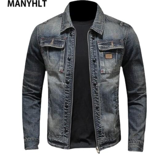 MANYHLT New Vintage Mens Denim Jacket Solid Casual Mens Jeans Coat Fashion Stand Clothes For Men Bomber Jacket Men Denim Coats
