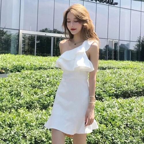 Autumn White Ruffles Mermaid Dresses One-Shoulder Sleeveless Bandage Bodycon Women Dress Vintage Sexy Party Mini Dress Vestidos
