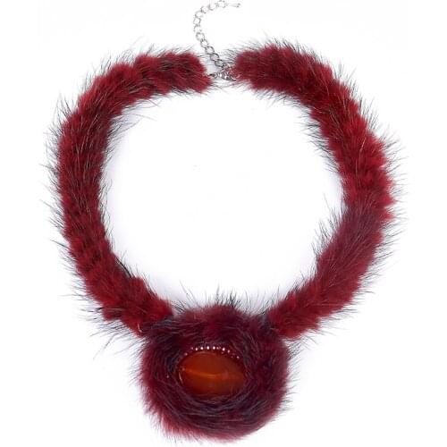 Top Quality Full Mink Fur Necklaces Handmade Sweater Chain Resin Round Pendants Winter Chunky Jewelry For Women