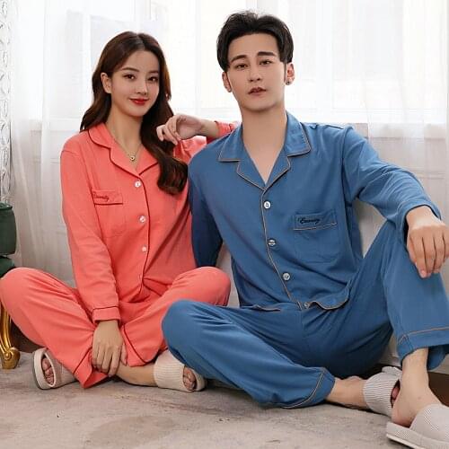 Pure Cotton Couple Pajamas Men Long Sleeve Casual Solid Color Plaid Sleep Tops Pants Home Matching Pajamas Couples Sleepwear Set
