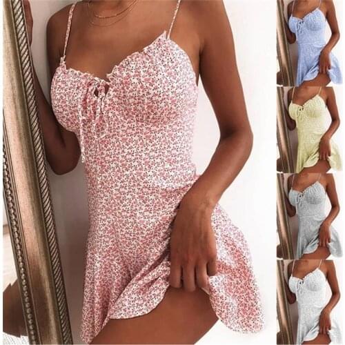 Boho Style 2020 Women Summer Dress Sexy Sling Floral Print Chiffon Dress Ladies Tunic Sundress Girl Holiday Mini Dress For Women