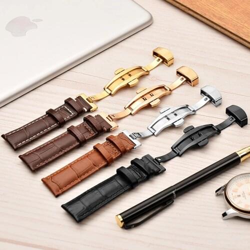 Genuine Leather Watch Bands Top Calf Grain Leather Watch Strap Bracelets Butterfly Deployant Clasp 18mm 20mm 22mm for Men Women