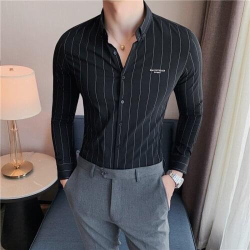 2021 Brand Embroidery Striped Mens Shirt Autumn Long Sleeve Casual Shirts Slim Business Formal Tops Social Party Male Clothing