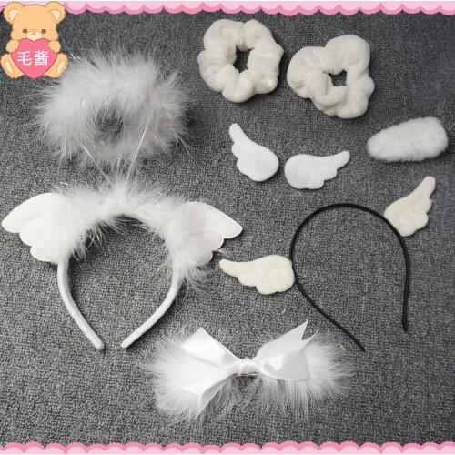 Handmade White Angel Head Headband Wings Clip Plush Hair Ring Large Intestine Ring Hairy Hair Clips Side Clip Headdress