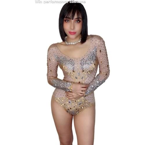 Sexy sparkly bodysuit gold silver rhinstone slin color gym dancer cheerleading rave show costume bar singer nigjhtclub gogo wear