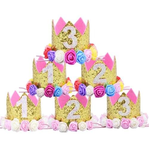 One 1 2 3 Birthday Party Decoration Baby Kids Birthday Caps Flower Princess Crown Hair Accessories Baby Shower Favor Girl Gift