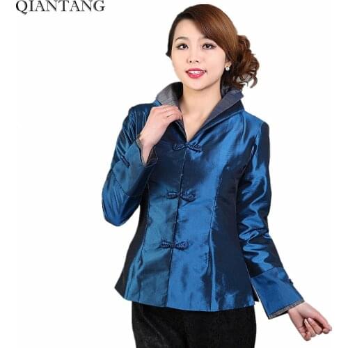 New Arrival Navy blue Womens Satin Jacket Fashion Chinese Spring Autumn Coat Flower Size S M L XL XXL XXXL Mujer Chaqueta Mny08D