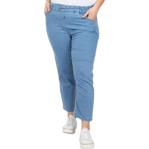 Hanezza Plus Size Women Fashion 2021 Summer Clothing High Rise Calf-Length Elegant Denim Trousers + 2XL - 7XL + Large Size Highly Seasonal Chic Jeans + 44 - 54 EU Streetwear Female Plus Body Type Dark Blue, Blue