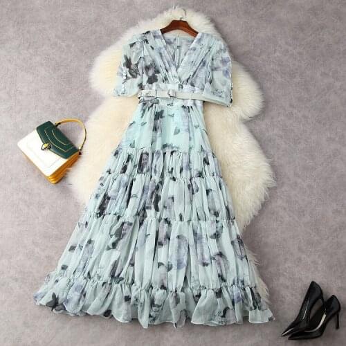 Europe and the United States womens clothing New Summer 2021 Short sleeve v-neck Fashionable flower print belt dress