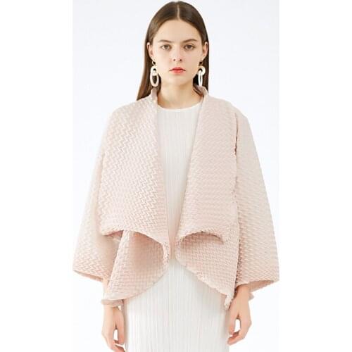 Miyake handmade pleated jacket for women 2020 basic Korean fashion autumn winter long bat sleeve plus size Scarf Collar coat
