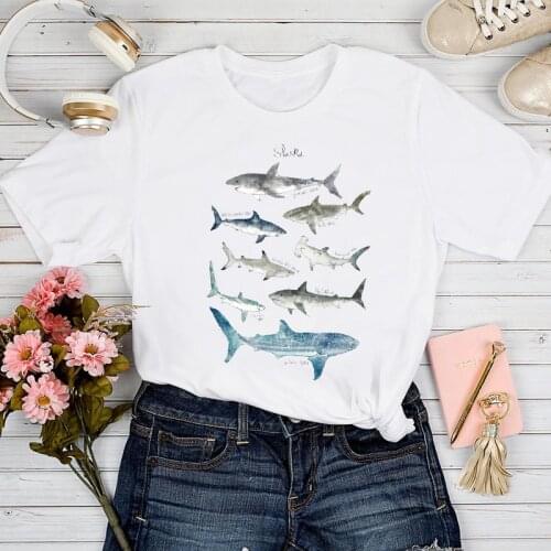 T-shirts Women Cartoon Shark Printing Cute Fashion Spring Summer Tshirt Top Lady Stylish Sexy Print Clothes Tee T-Shirt