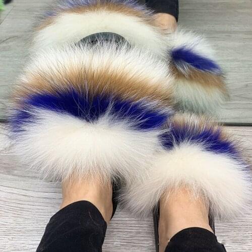 2021 Womens Real Fox Fur Slippers Girls Fluffy Slides Ladies Furry House Shoes Female Plush Indoor Flip Flops Large Size 35-45