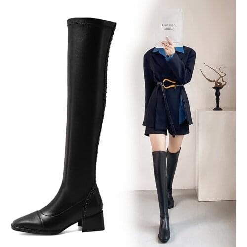 Rivets Decoration Over The Knee Boots Genuine Leather thick High Heels Shoes Woman Night Club Slim Long ladies boots