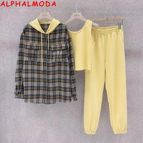 ALPHALMODA New Plaids Coat + Vest + Pants Women 3pcs Casual Suits Autumn Ladies Trendy Clothes Jogger Set