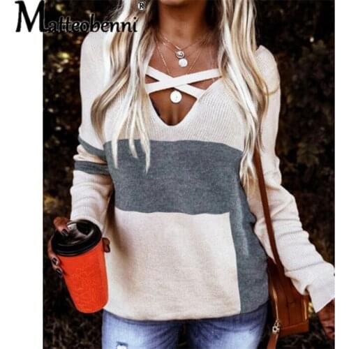 2021 New Sexy Open-Chest Sweater Women Chest Cross Strap Hollow Knit Sweater Womens Office Chic Color Matching Pullover Sweater