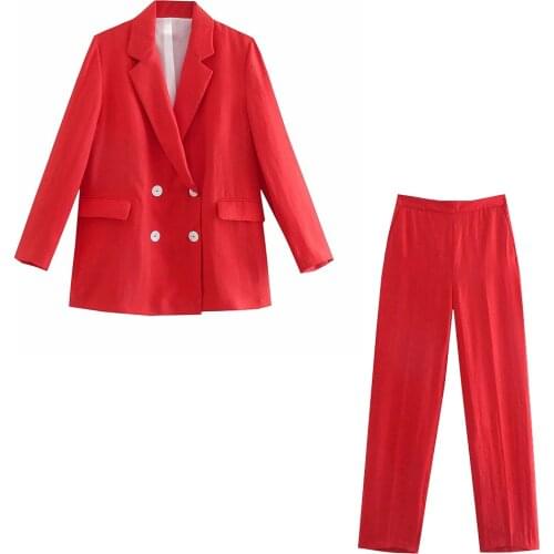 2021 Women Two-piece Set Vintage Solid Double Breasted Office Lady Blazer Coat Female Fashion Loose ​High Waist Trousers Suits