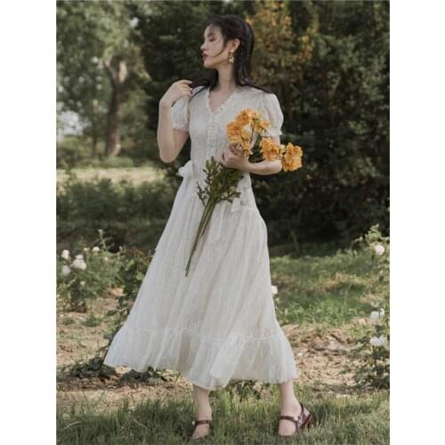 Women French Romantic Retro White Lace Dress Summer V Neck Short Puff Sleeve Slim Waisted Fairy Dress Vintage A Line Party Dress