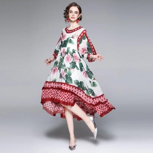 2021 New Summer Plus Size Dress Women Rose Floral Print Chiffon Ruffles Beach Asymmetrical Loose Dress Ladies Midi Dress