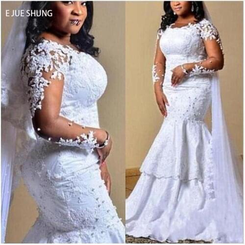 E JUE SHUNG Vintage Mermaid Wedding Dresses Scoop Neck Long Sleeves Wedding Gowns South African Appliques vestidos de novia