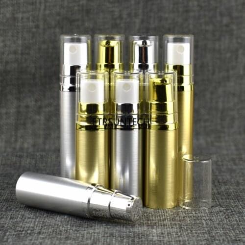 100pcs 5ml 10ml Empty Refillable Airless Lotion Pump serum Travel Bottle Tube Gold Silver clear lid cap F3051