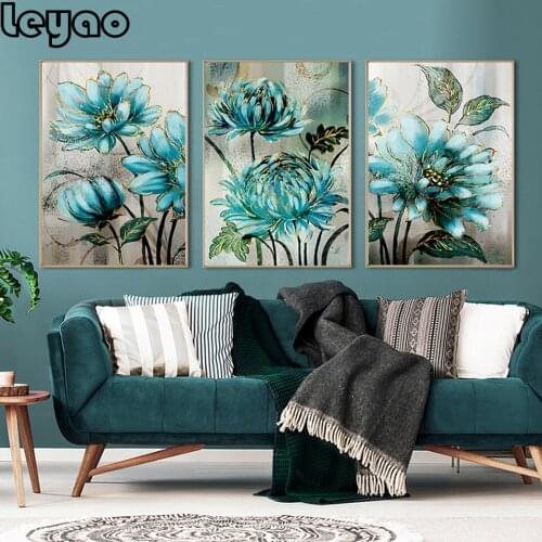 Abstract Diy Diamond Painting Blue Flowers Golden Lace Noble Decorative 5D Full mosaic Diamond Embroidery peony 3pcs/set