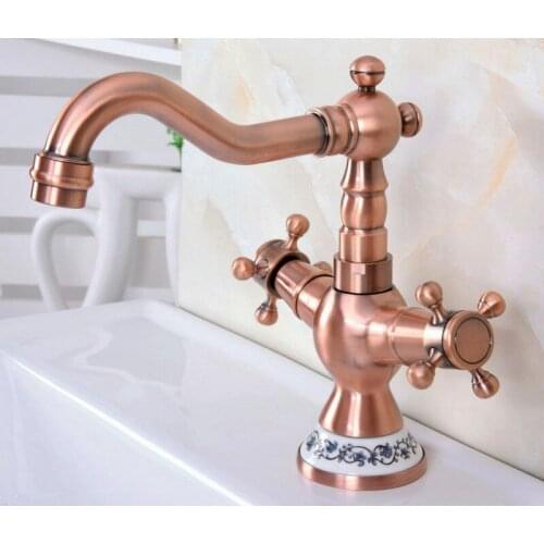 Antique Red Copper Bathroom Basin Faucet Swivel Spout Kitchen Sink Mixer Faucets Deck Mounted Dual Handle Taps lnf615