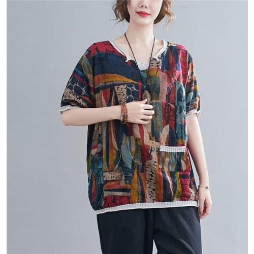 Oversized Women Summer Loose Casual T-shirts New 2021 Simple Style Vintage Print V-neck Female Cotton Linen Tops Tees S3448