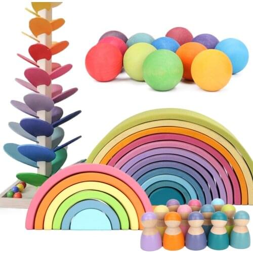 Big Size Macaron Series Rainbow Stacker Nesting Puzzle Toys Friends Peg Dolls Wooden Puzzle Blocks Montessori Educational Toy