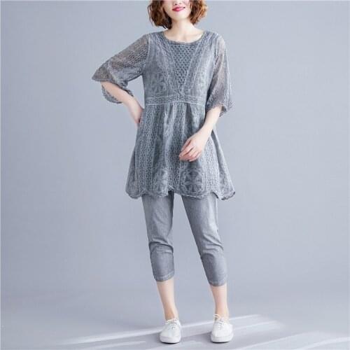 Large Size Womens Lace Stitching Suit LooseTwo-piece Suit Summer Literary Loose Bottoming Cropped Pants Mujer Suit A859