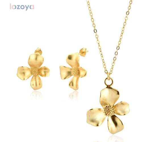 Lozoya 925 Sterling Silver Chain Necklace Gold Flower Stud Earring Pendant Long 2020 Rock Punk Piercing Fashion Jewelry Set